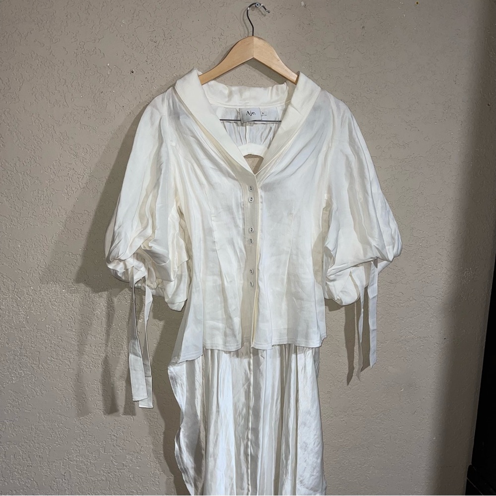 Aje | Silk Linen Puff Sleeve Train Backside Top In Cream Size: US 4 - Picture 5 of 11